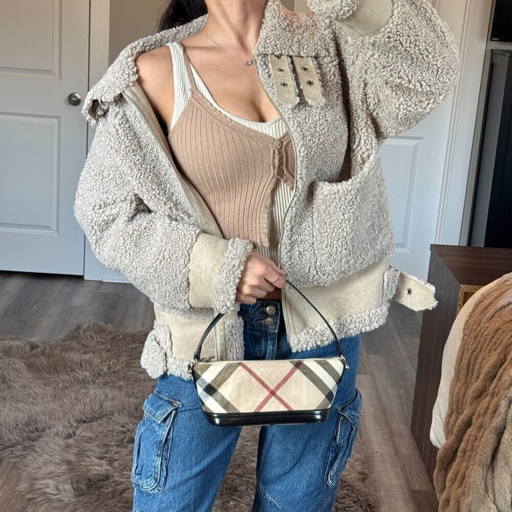 Jules Kae Kylie Sherpa Moto Jacket Womens L Aviator Teddy Fleece Faux Suede Trim